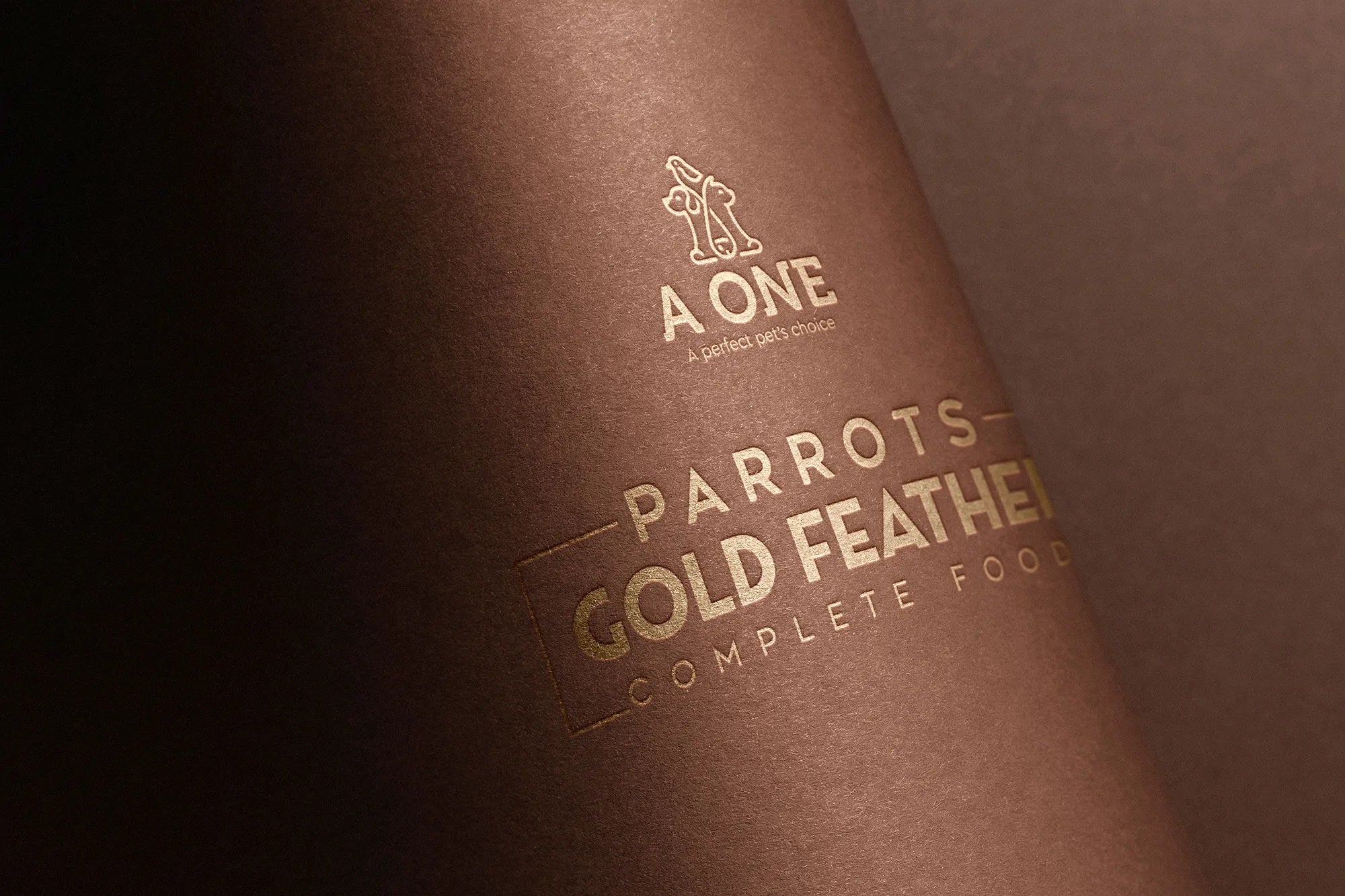 Close-up of a brown package with 'A One Parrots Gold Feather' branding.