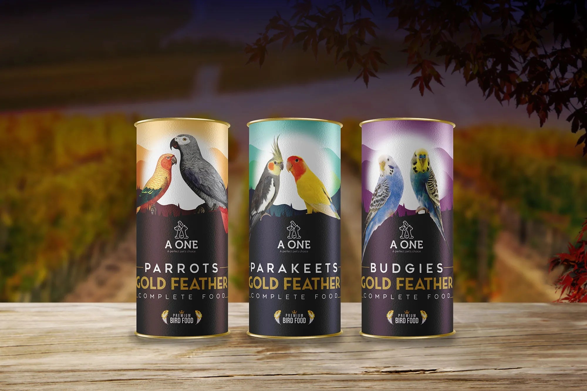 Three cans of A One pet food for parrots, parakeets