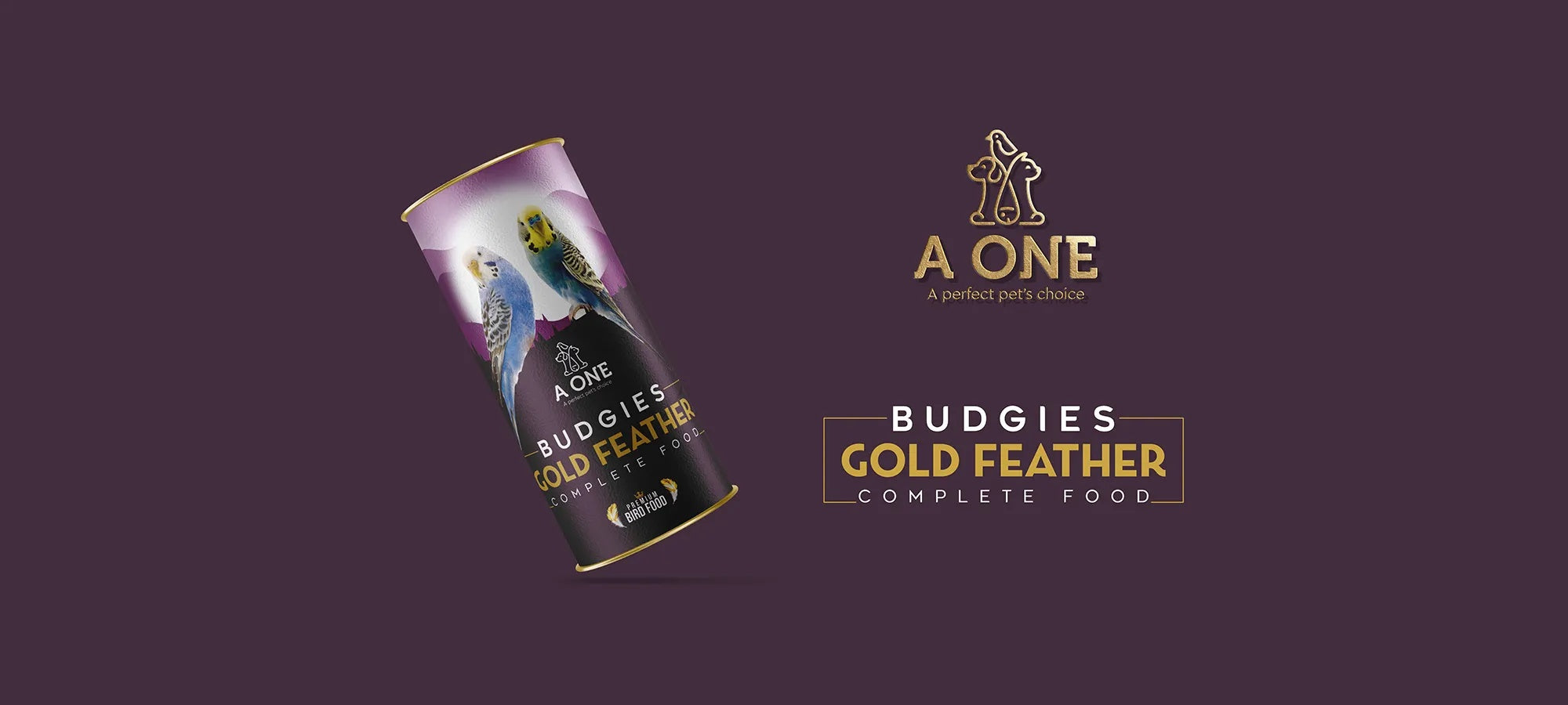 A One Budgies Gold Feather complete food can on a dark purple background