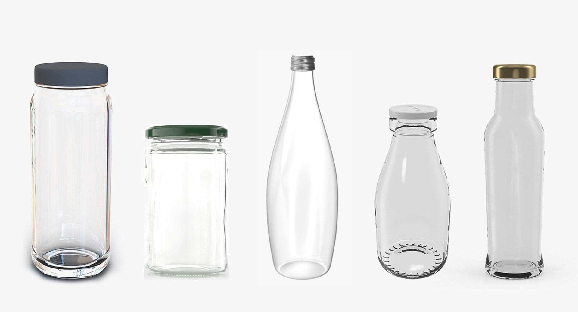 Set of glass bottles with various designs and lids on a white background