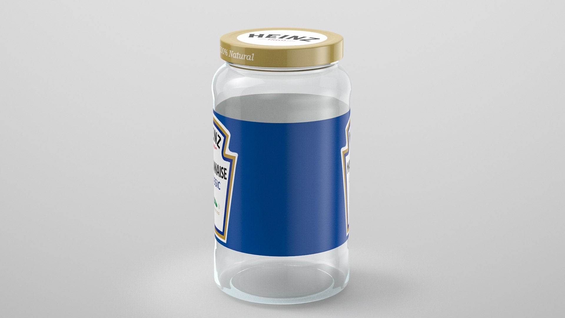 Clear glass jar with blue label and gold lid on a gray background