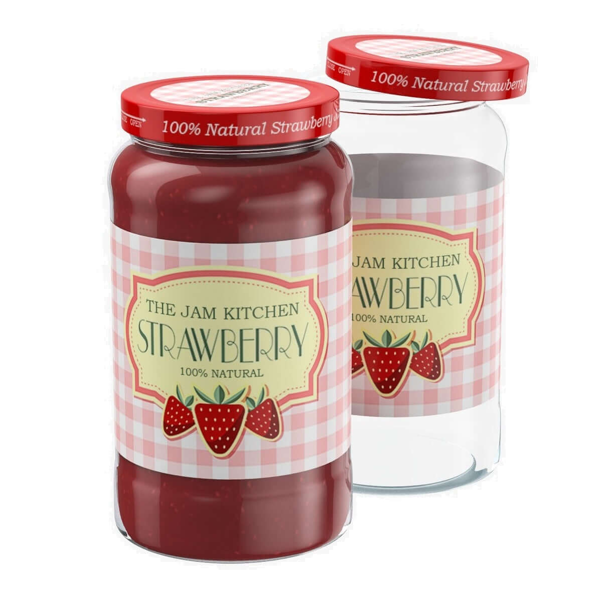 Glass Food Jars with strawberry jam, featuring vibrant labels and airtight lids for fresh storage.