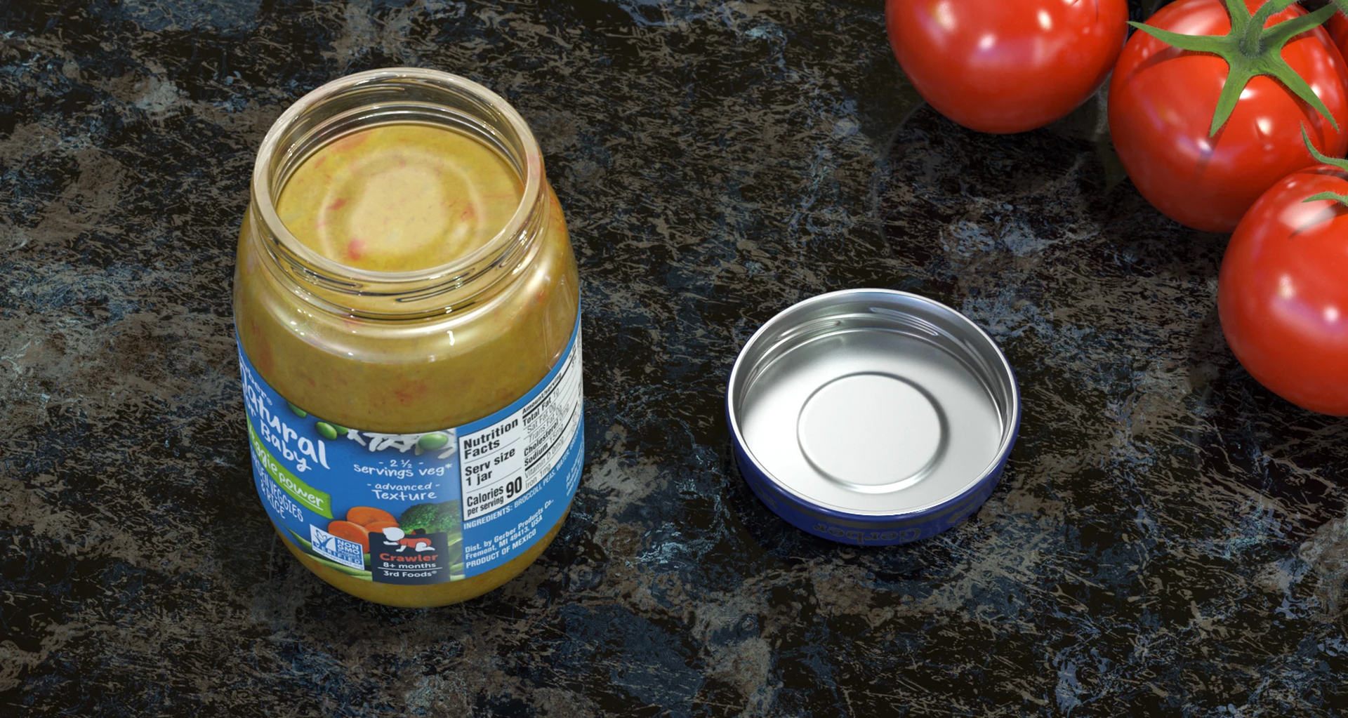 Glass Food Jars with Printed Label: A glass jar of pickled beets with its silver metal lid placed beside it on a dark, textured countertop, with red tomatoes visible in the background.