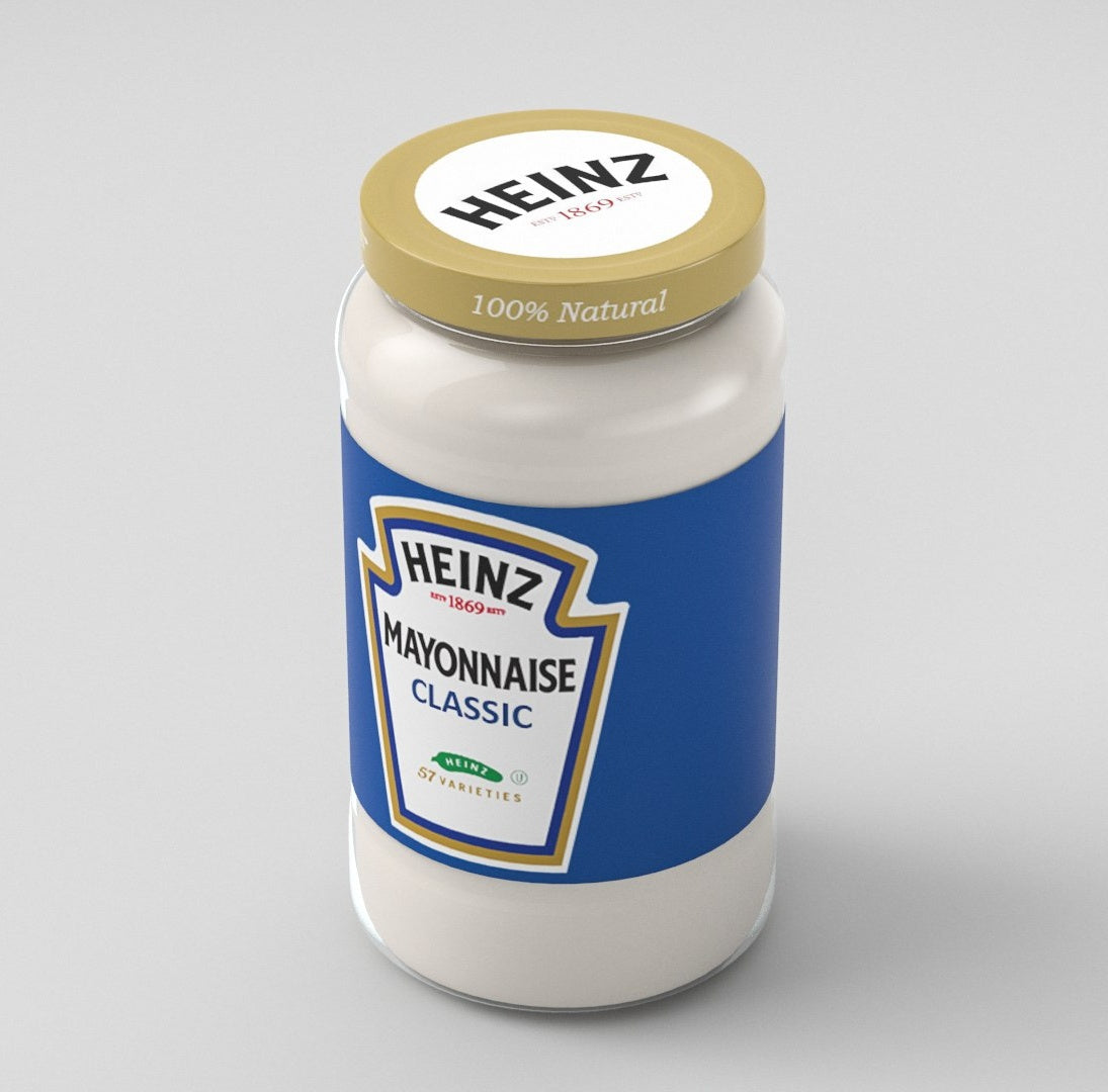 Glass Jar of Heinz Mayonnaise on a gray background