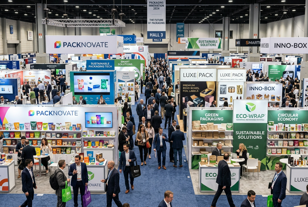 Packaging tradeshows: A wide overhead view of a large trade show or exhibition hall with many branded booths, signage including PACKNOVATE, LUXE PACK, INNO-BOX, and ECO-WRAP, and numerous people walking through the floor plan. 